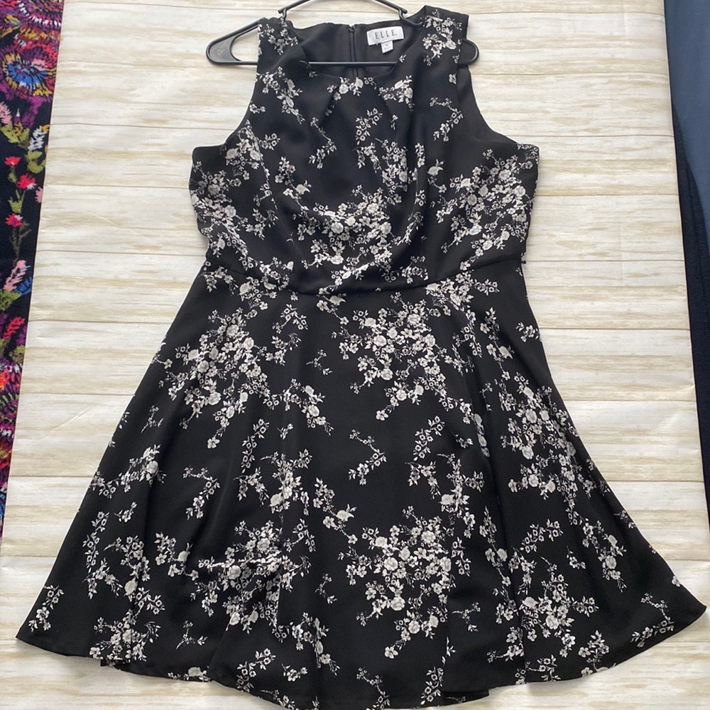 Black dress with white and grey flowers